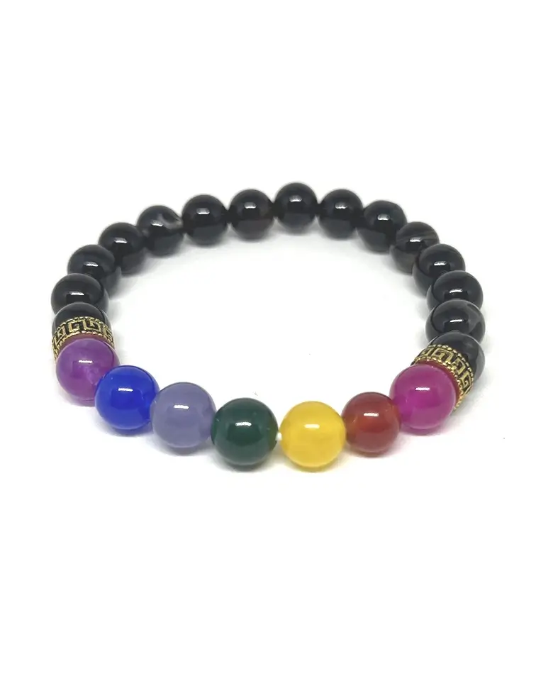 Black Banded Agate Onyx 7 Chakra Bracelet